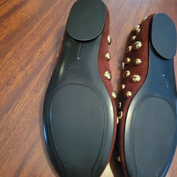 NWTs ZARA Studded Brown Leather Ballet Flats Size EUR 38 US 7.5 Classic - Picture 14 of 15